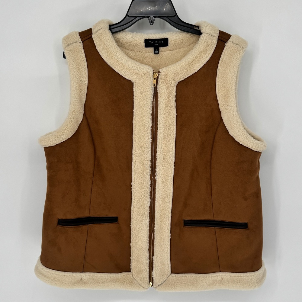 Talbots Plus Brown Faux Suede Sherpa Lined Zipper Vest Women's X Lagenlook